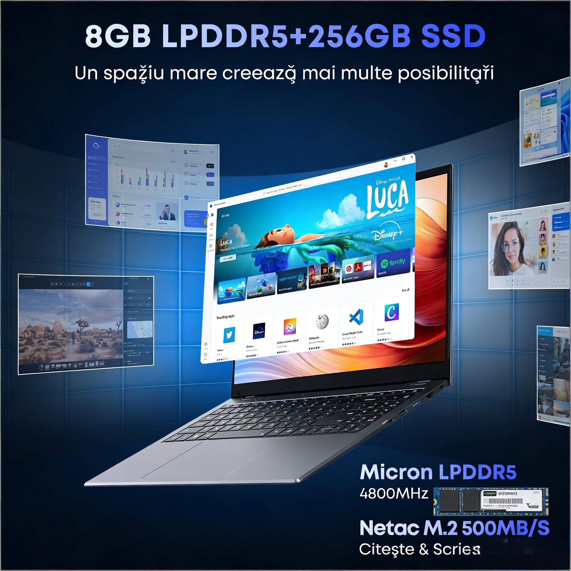 Laptop CHUWI GemiBook X Pro 14.1" FHD IPS, Intel N100, 8GB LPDDR5, SSD 256GB, Windows 11, WiFi 6, Bluetooth 5.2, Slim, Usor, Office & Studii