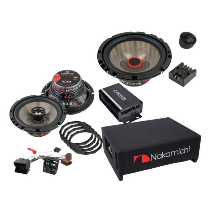 Pachet difuzoare Carbon 4 usi + amplificator CO-40.4M + Subwoofer facedown Nakamichi, inele si cablaje plug&play pe masina