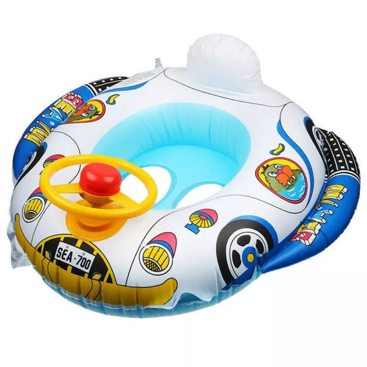 Colac de inot pentru copii Juksun, design masina, roata de directie rotativa, claxon, multicolor, 60x45cm, pana la 12.5kg