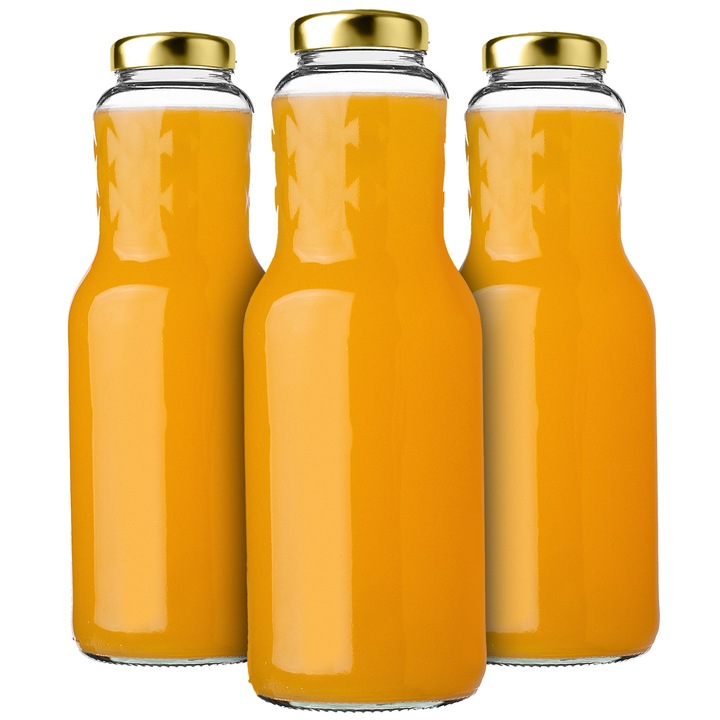 Sticla pentru suc KADAX 1L, set 3 bucati, sticla transparenta, capac metalic