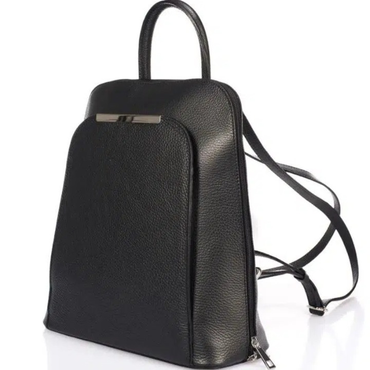 Rucsac dama, Matis Atelier, piele naturala, cu fermoar si un buzunar exterior, negru, 35x33x12cm