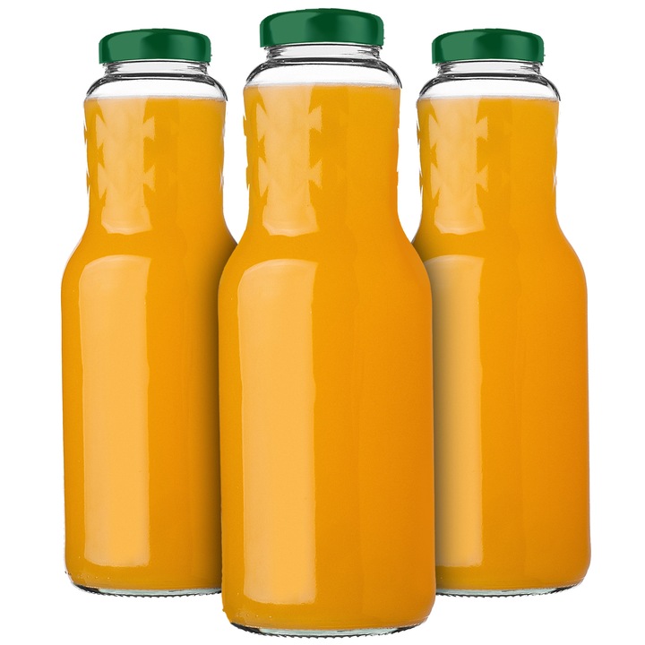 Sticla pentru suc KADAX 1L, set de 3, sticla transparenta, capac metalic verde