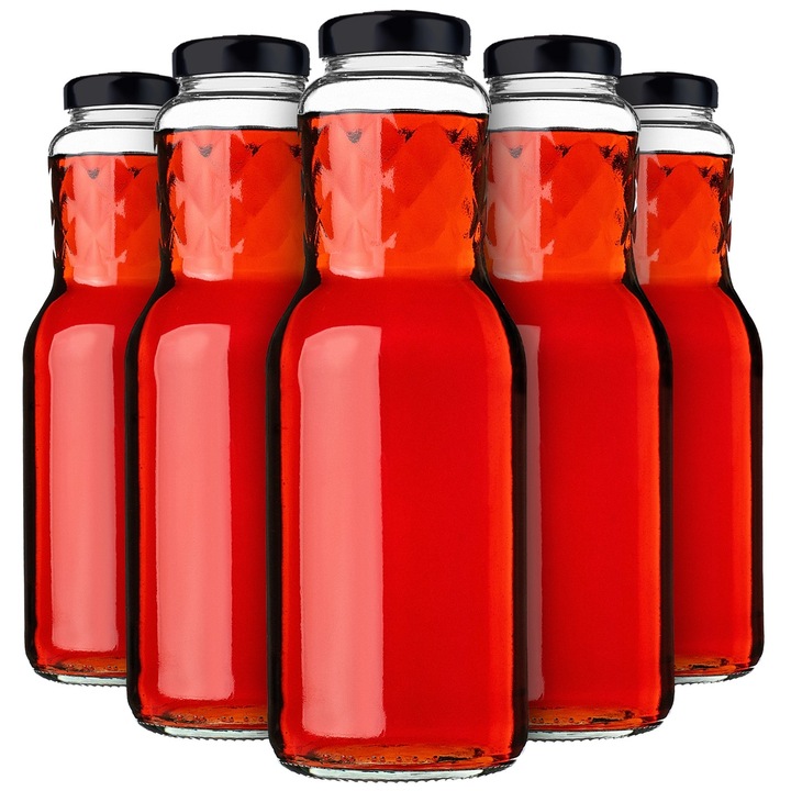 Sticla pentru suc KADAX 1L, set 5 bucati, capac metalic, transparent, 25x9cm