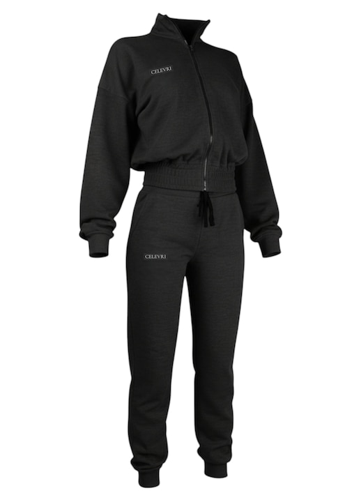 Trening Celevri dama, set bluza cu fermoar + pantaloni, bumbac, casual-sport, Negru