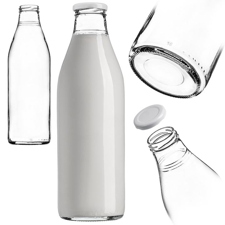 Sticla pentru lapte KADAX 1L, sticla transparenta, capac metalic alb, set 3 bucati