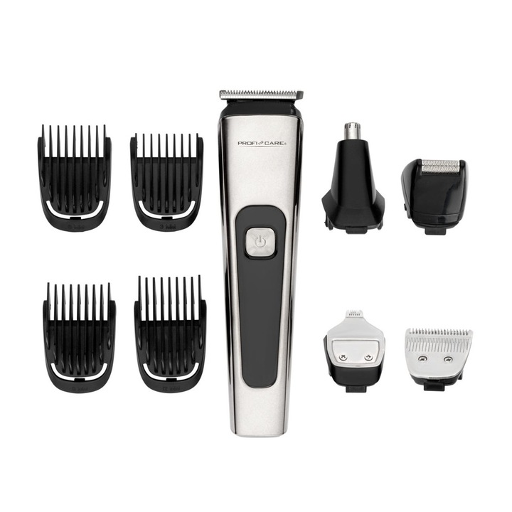 Aparat de ras si tuns 5in1 ProfiCare, Professional, cu 5 capete interschimbabile, ideal pentru tuns/ras/toaletare/finisare, autonomie 3 h, 4 pieptene 3/6/9/12 mm, afisaj LED bateire/status incarcare, notificare curatare periodica, crom
