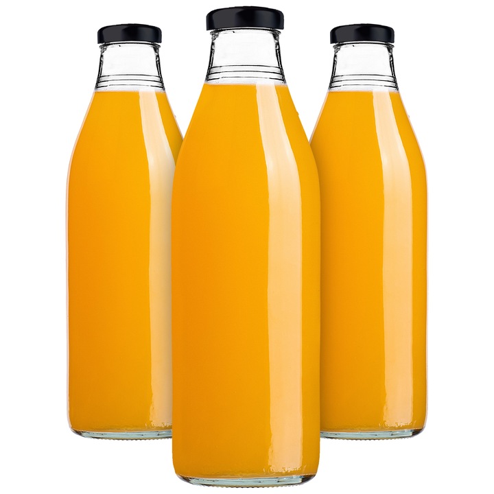 Sticla din sticla pentru sucuri KADAX, 1L, capac fi43, set 3 bucati, transparenta, 27x8.5cm