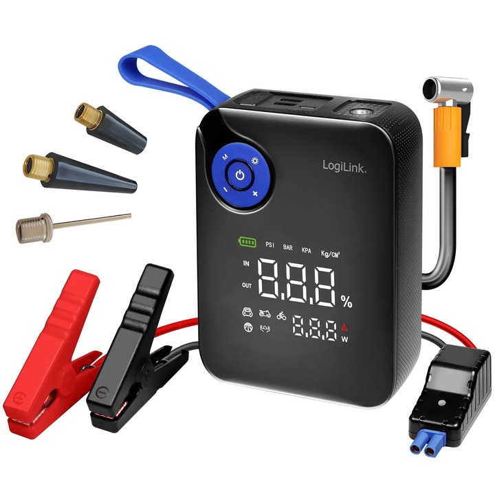Starter si Compresor auto portabil LogiLink 4 in 1, 7200 mAh, 150 psi, 12, 2x5x17 cm
