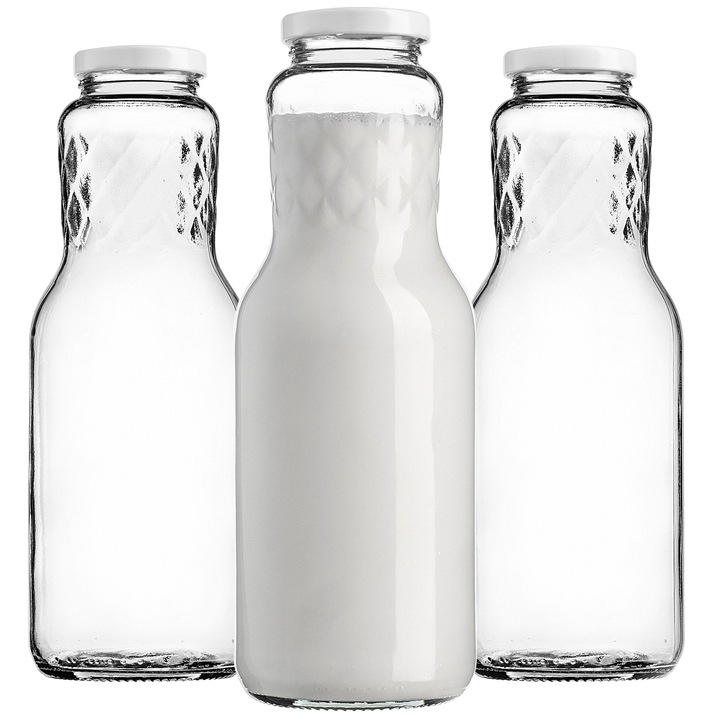 Sticla de lapte 1L KADAX, sticla transparenta, capac metalic alb, set 3 bucati