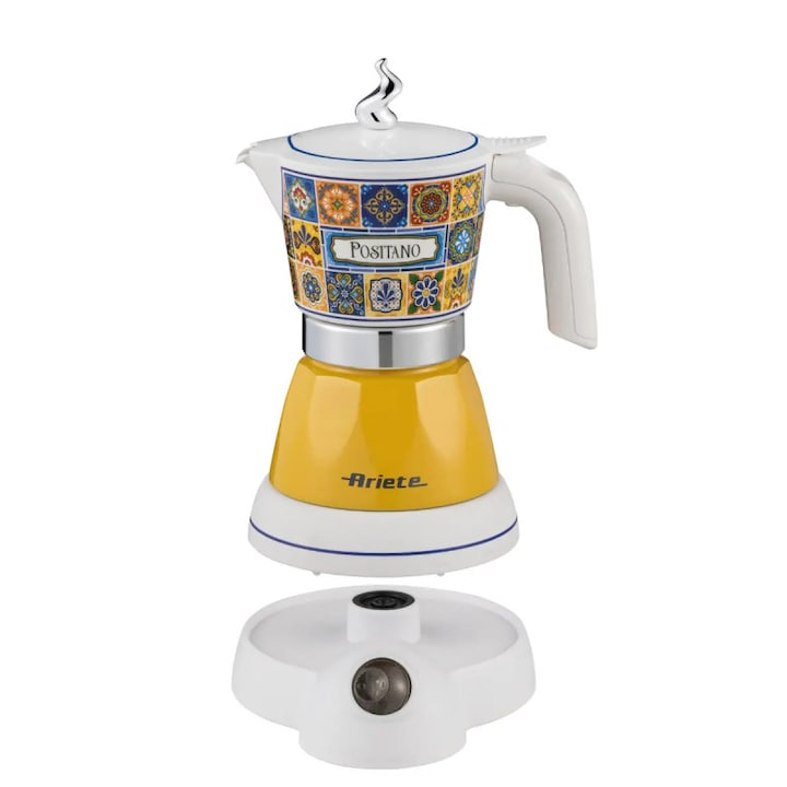 Кафеварка Ariete Moka Vintage Positano 1358/1P, Електрическа, 400 W, 4 чаши, безжична, въртяща се на 360 градуса основа, бял / жълт цвят