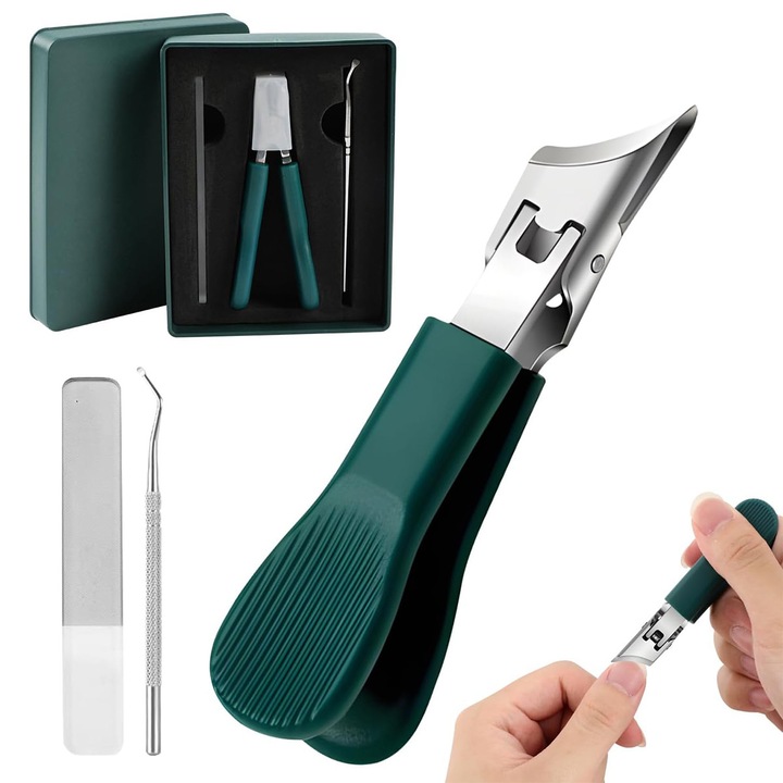 Set 3 bucati Clipuri pentru Unghii Eagle Beak DUAIU, Pentru Unghii GROASE, Seniori si Ingrijire Unghii Incarnate, Maner Lung, Deschidere Larga, Design Anti-Stropit cu Capat Tesit, Verde