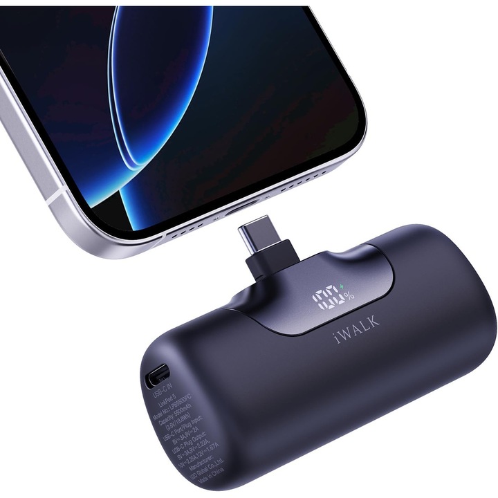 Incarcator portabil iWALK 5500mAh Baterie externa mica de generatie urmatoare, 22.5W, incarcare rapida, incarcator portabil de telefon USB-C pentru iPhone 17/16 Plus/16 Pro/16 Pro Max/seria 15, iPad, Samsung Galaxy S24/S23 Android - negru
