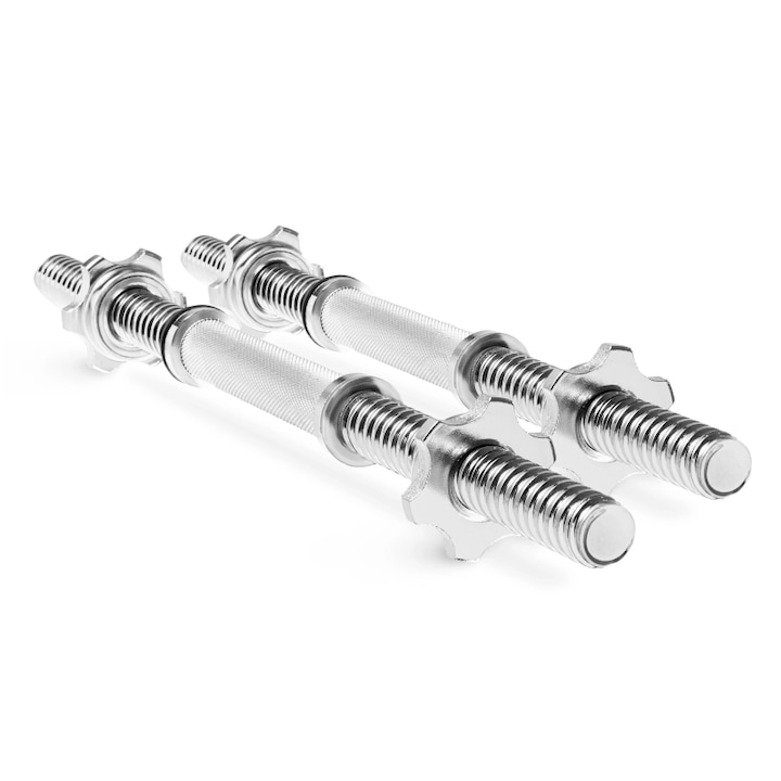Bara scurta pentru gantere, 4FIZJO, 48 cm, set 2 bucati cu 4 coliere de prindere, bara din otel cromat pentru antrenament de forta, exercitii cu greutati acasa si la sala, prindere antiderapanta, diametru 25 mm, argintiu