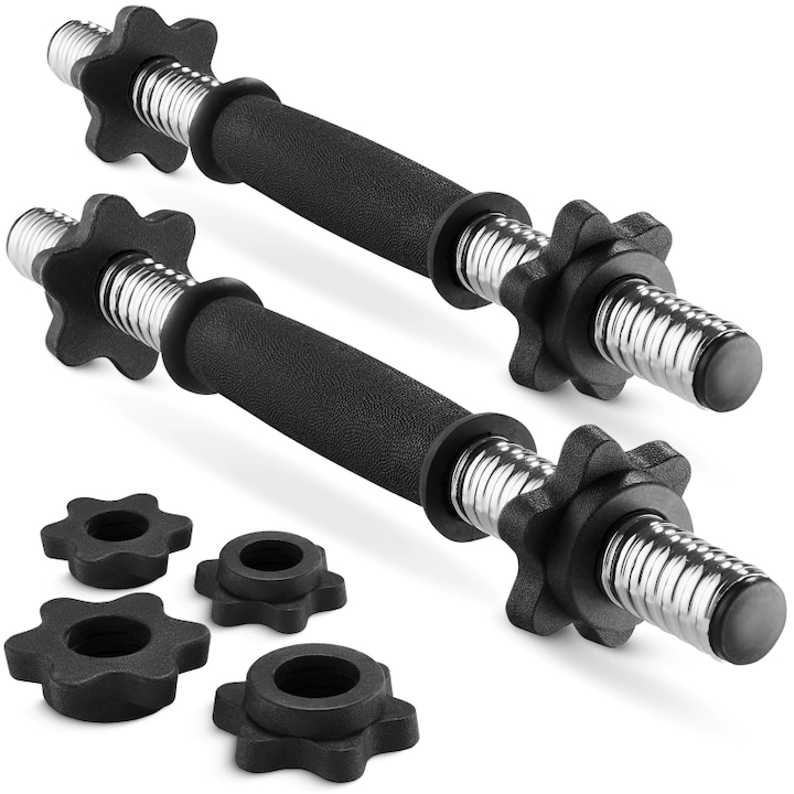 Bara scurta pentru gantere 35 cm, 4FIZJO, set 2 bucati cu 4 coliere filetate, grif din otel cromat pentru antrenament de forta, exercitii cu greutati acasa si la sala, prindere canelata antiderapanta, diametru 25 mm, argintiu/negru