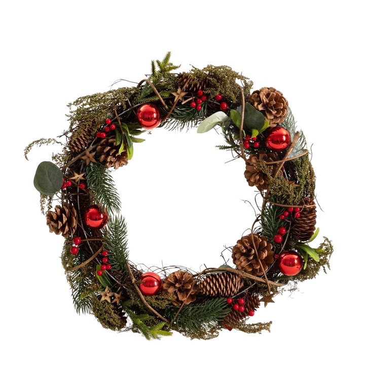 Coronita de Craciun ARLO, 42 cm, cu stifturi naturale si bile rosii, verde si rosu