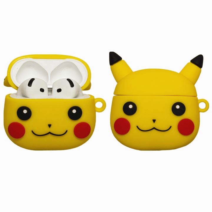 Husa protectie casti Pokémon Pikachu, Silicon 3D, Pentru Apple AirPods 4, Cadou Unic, Galben Rosu