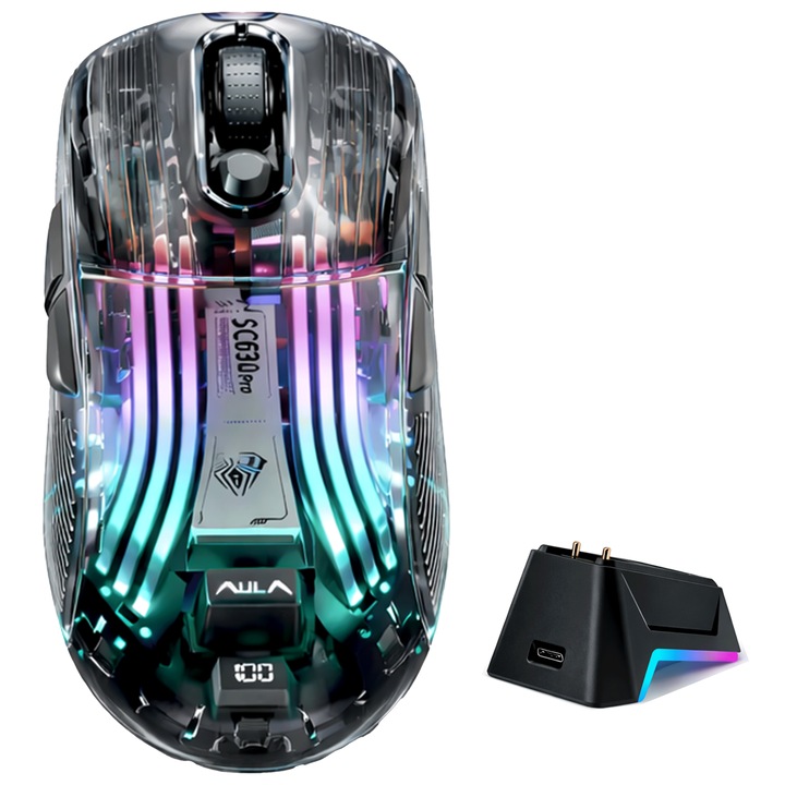 Aula SC630 PRO gamer egér, csendes gombok, tri-mód (Bluetooth/2.4G/USB-C), átlátszó ház, RGB világítás, mágneses RGB töltődokkoló, 5 fokozatú DPI (1200–4000, max. 8200 DPI)