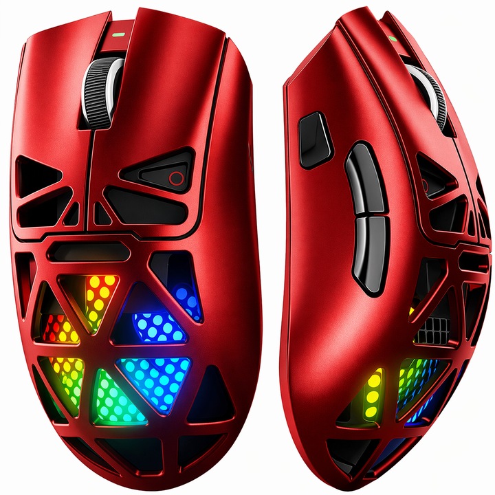Mouse gaming AULA SC620 rosu, tri-mode (Bluetooth/2.4G/USB-C), senzor PAW3311, DPI reglabil pana la 12.000 (6 trepte), polling 1000Hz, RGB, ultra-usor ~67g, baterie 400mAh (incarcare USB-C)