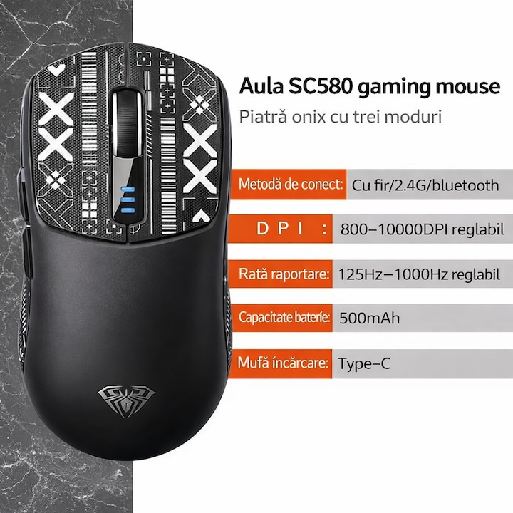 Sc580 Mouse Mouse gaming AULA SC580, tri-mode (Bluetooth/2.4G/USB-C), DPI reglabil ...