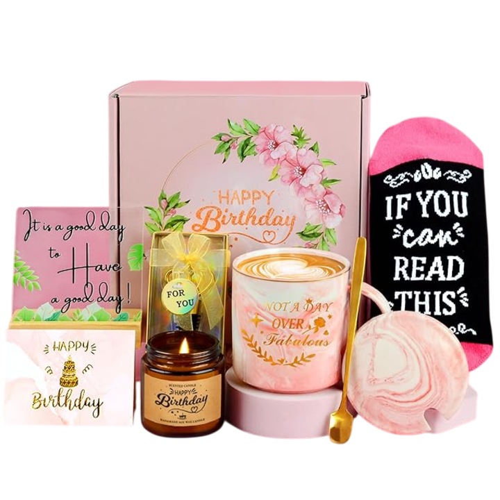 Комплект подарък за жени от 7 части, чаша, лъжица, ароматизирана свещ, чорапи, тапа за бутилка вино, картина с мотивационно послание, поздравителна картичка, подаръчна кутия, за възпитателки, учителки, майки, съпруги, сестри, кръстници, преподавателки