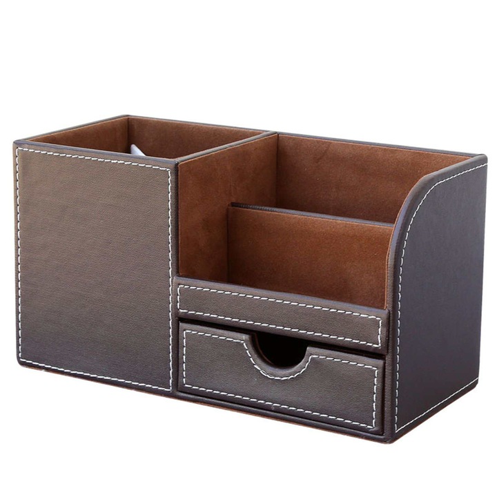 Organizator pentru articole de papetarie, Aiorber, suport pentru creioane, organizator pentru birou, piele, 22,5 x 10 x 12 cm, capacitate mare, 4 compartimente, maro