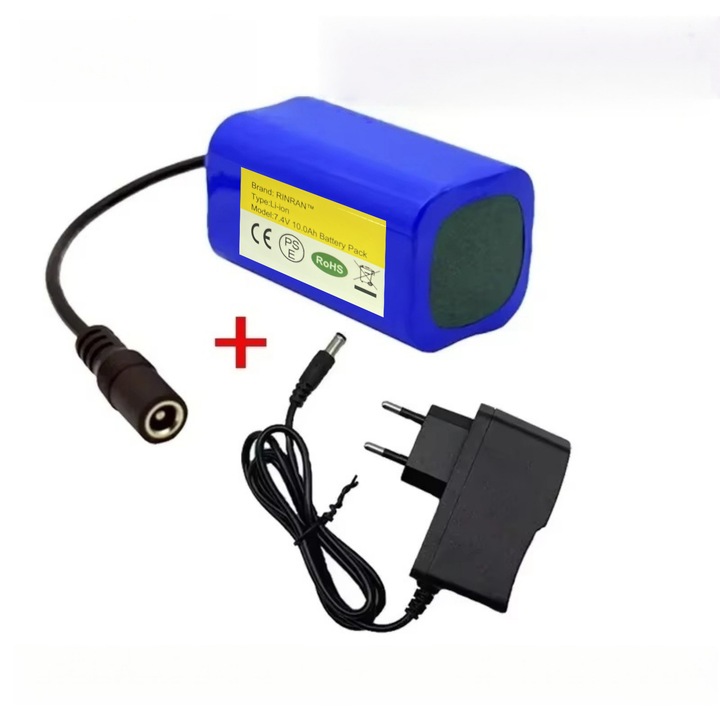 Baterie reincarcabila litiu 7.4V pentru barci cu momeala, 10Ah, cu incarcator de 1A