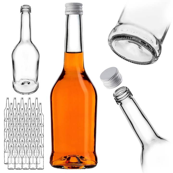 Sticla din sticla KADAX 500ml, set 50 bucati, capac alb, transparent, 26x7,8cm