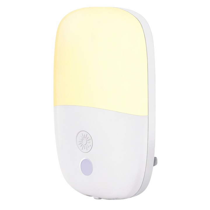 Priza cu lumina de veghe cu senzor de crepuscul, lumina de veghe LED cu conectare la priza, 3 niveluri de luminozitate, moduri ON / AUTO / OFF, lumina alb cald 2700K, 0,5W economie de energie pentru dormitor, hol, scari, camera de copii (1 buc)