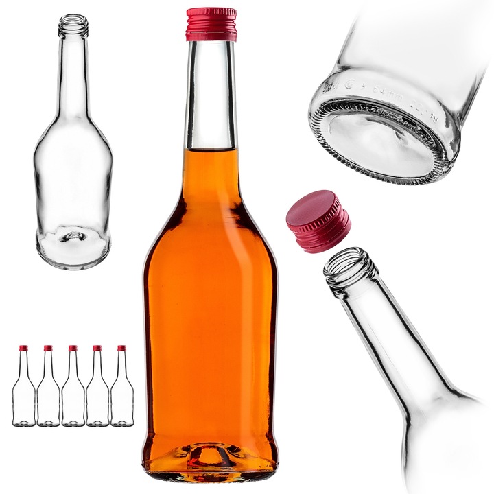 Sticla din sticla pentru bauturi, KADAX, 500ml, set de 5 buc, transparent, capac metalic rosu