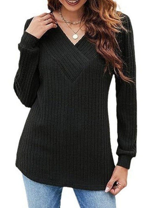 Hanorac casual dama, Negru, Decolteu in V, XL INTL