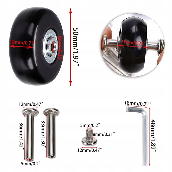 Set 4 roti de schimb pentru bagaje, Ofertati unelte de instalare, Silentios, 50MM*18MM, Negru