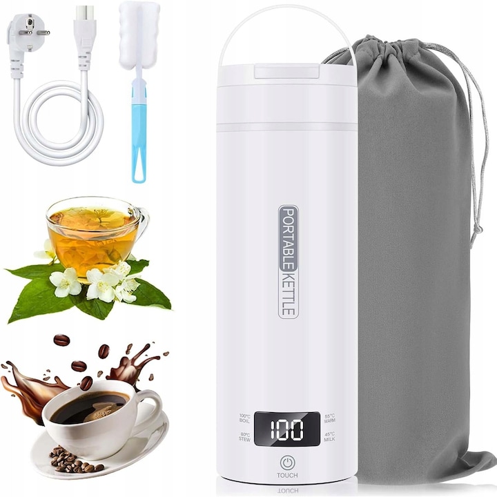 Vízforraló, Hordozható elektromos vízforraló, Négyfokozatú hőmérséklet-szabályozott fűtés, 450 ml, hálózati tápellátás, 300 W, rozsdamentes acél, fehér