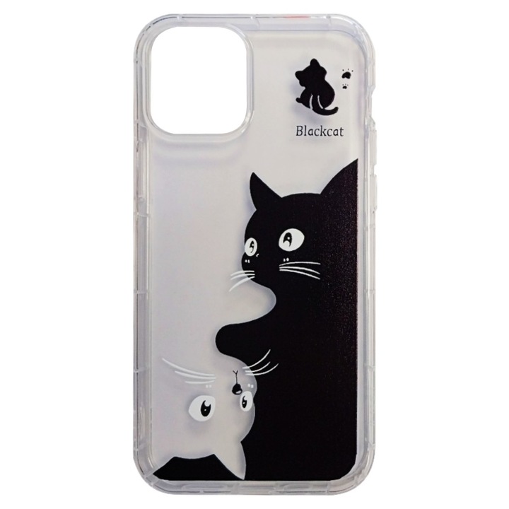 Husă de protecție TelForceOne Trendy, Cat, pentru Apple iPhone 12/iPhone 12 Pro, Semitransparent/Negru