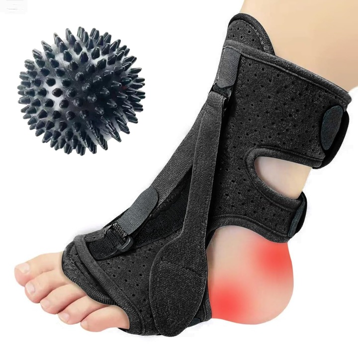 Set Orteza nocturna pentru fasciita plantara, 1 minge de masaj, cu Atela reglabila, Spuma cu memorie, unisex, Universal, Lunniquee®, Negru
