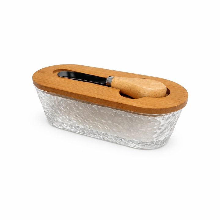 Ovális texturált üveg edény bambusz tetővel és késsel 17x8.2x6cm átlátszó 300ml