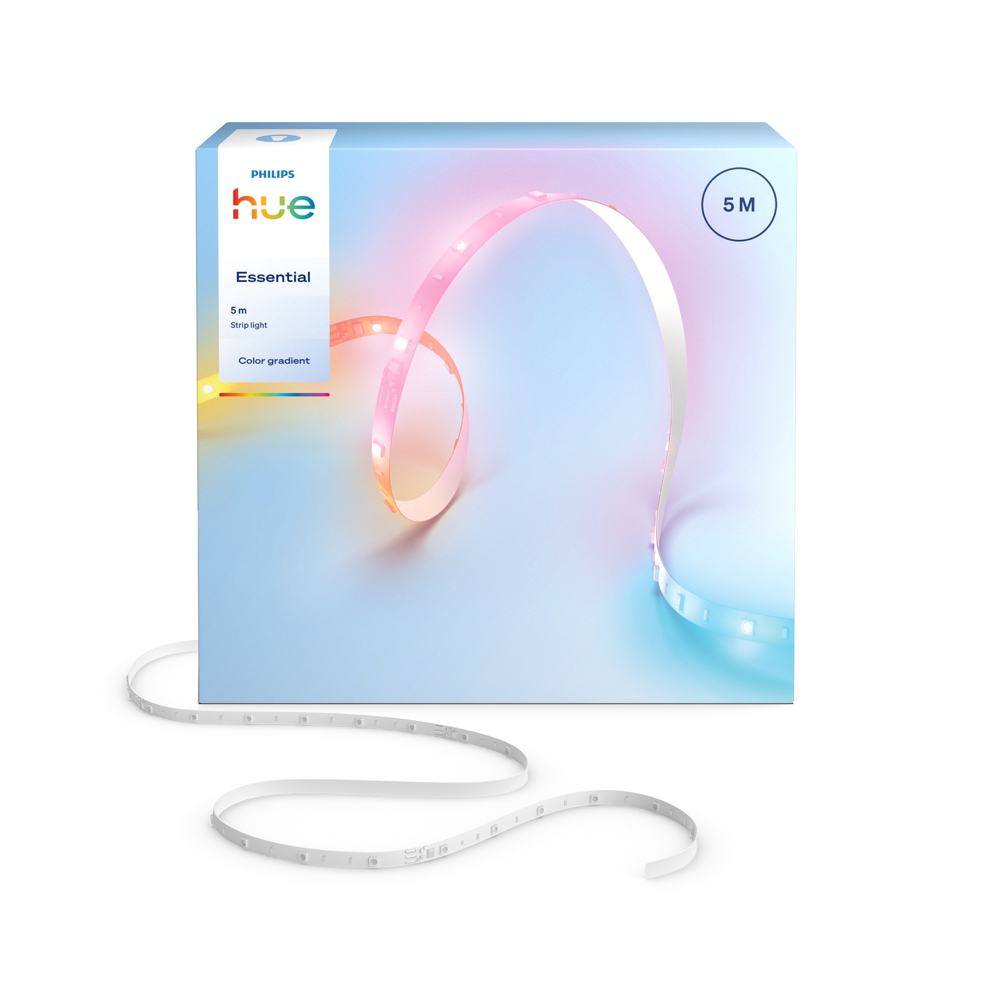 Banda LED smart Hue Essential de 5 metri, RGBIC, culori vibrante si ambianta, iluminare flexibila pentru interior, instalare usoara, control prin aplicatie si voce, compatibila cu