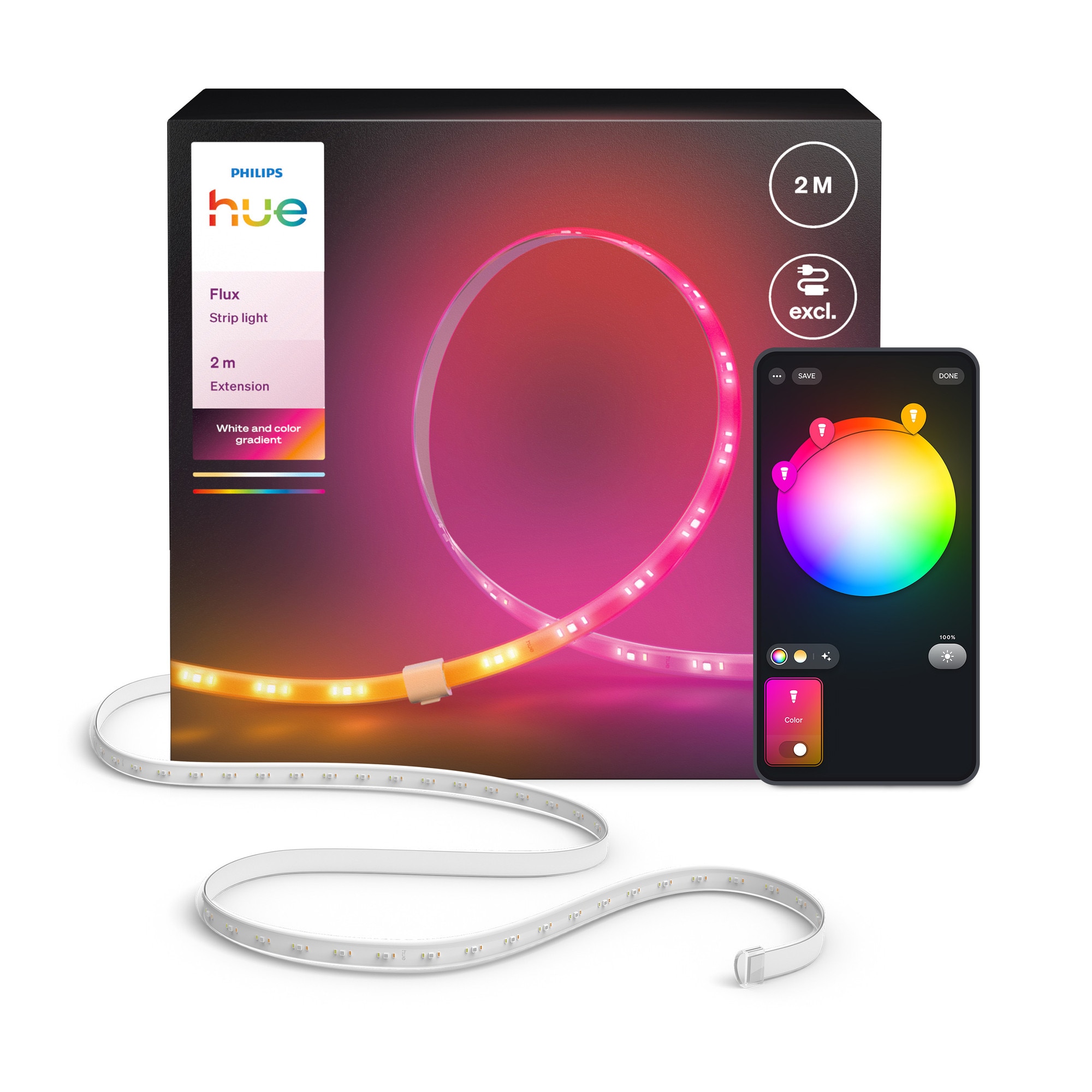 Extensie banda LED smart Hue Flux de 2 metri, culori vibrante si ambianta, iluminare flexibila pentru interior, tehnologie Chromasync™ pentru amestecul culorilor, decupabila, exten