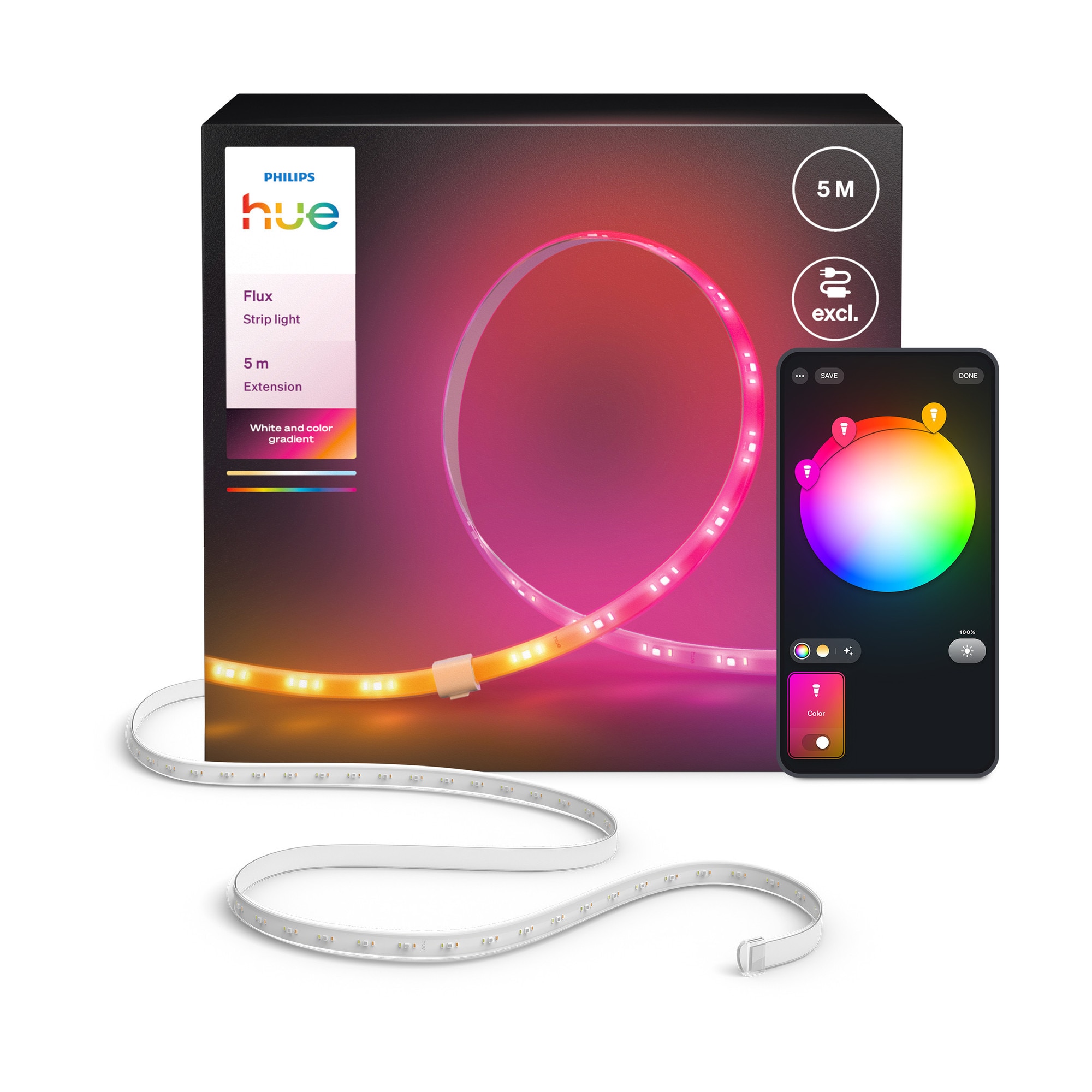 Extensie banda LED smart Hue Flux de 5 metri, culori vibrante si ambianta, iluminare flexibila pentru interior, tehnologie Chromasync™ pentru amestecul culorilor, decupabila, exten