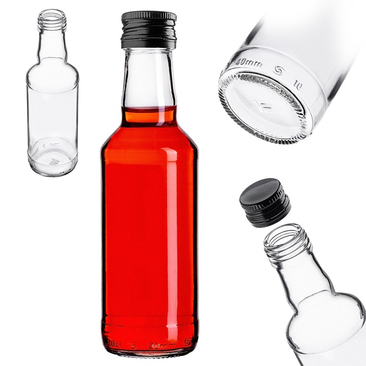 Sticla Monopol KADAX, 200ml, design elegant, sticla transparenta, capac negru