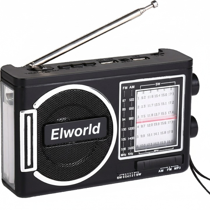 Преносимо радио Elworld RD-098UBT-S, AM/FM/SW 3-лентово радио с обхват на дълги разстояния, MP3 плейър с поддръжка на USB/TF карта, соларен панел, фенерче, акумулаторна батерия, черно