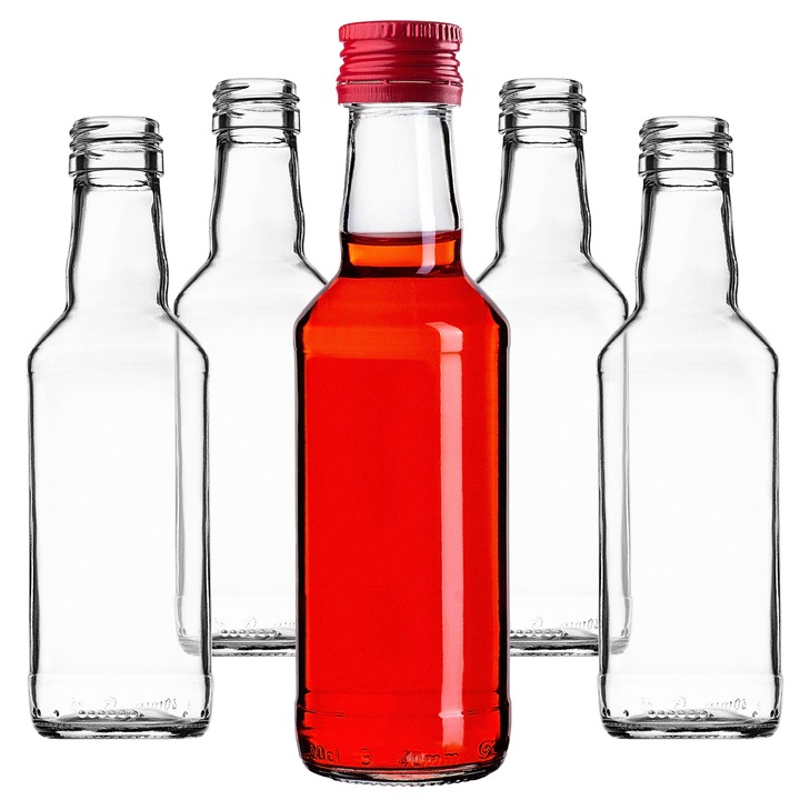 Sticla Monopol KADAX, 200ml, design elegant, sticla transparenta, capac rosu, set de 50 bucati