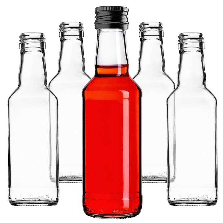 Sticla Monopol KADAX, 200ml, design elegant, sticla transparenta, capac negru, set de 100 bucati