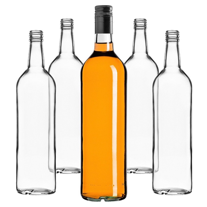 Sticla Monopol KADAX, 1000ml, design elegant, sticla transparenta, capac negru, set 40 bucati