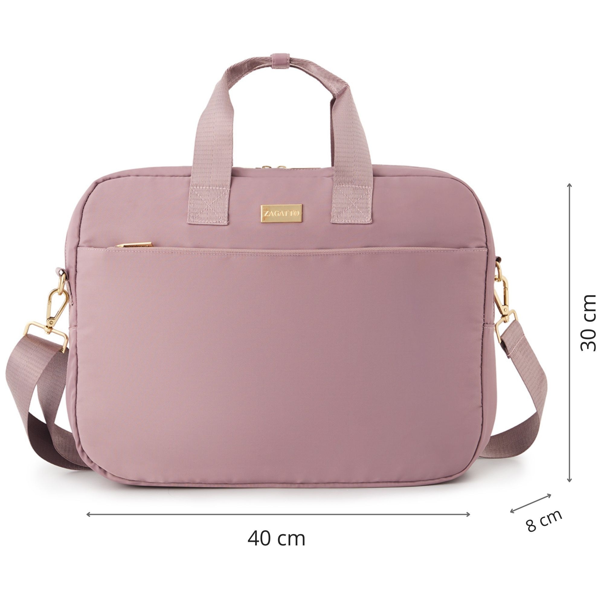 Geanta laptop dama 15.6 inch, Zagatto®, Roz, Dimensiuni 40x8x30 cm, Rezistenta la apa, Atasabila la troler, Eleganta, Business, Curea de umar reglabila si detasabila, Buzunar frontal cu fermoar, Pentru notebook, Compatibila Macbook Pro, Air ZG1080