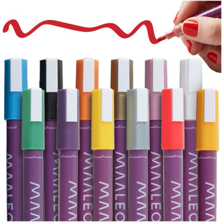 Set 12 culori, rezistente la apa, pentru hartie, sticla, textile