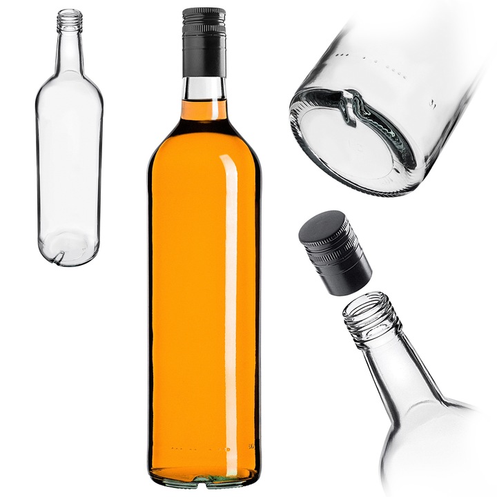 Sticla Monopol KADAX, 1000ml, design elegant, sticla transparenta, capac negru