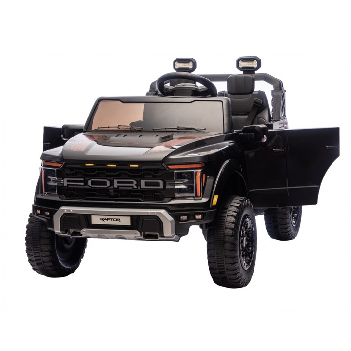 Masinuta electrica pentru 2 copii Ford Raptor F-150 Black cu licenta, proiectoare, acumulator 24V, telecomanda 2.4G, faruri led, motoare x 200w, slow start, centuri de siguranta individuale, greutate admisa 60kg