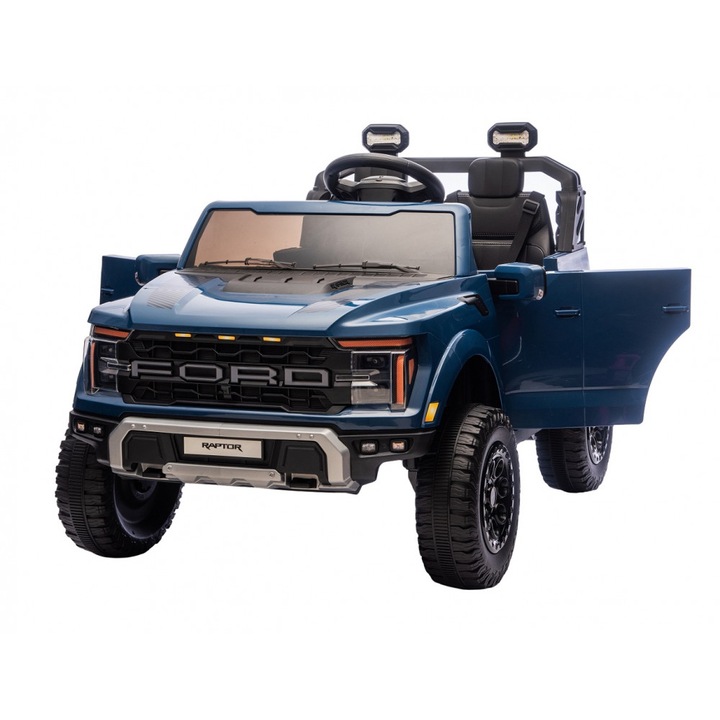 Masinuta electrica pentru 2 copii Ford Raptor F-150 Cobalt Blue cu licenta, acumulator 24V, telecomanda 2.4G, faruri led, muzica/, motoare x 200w, deschidere usi, slow start, centuri de siguranta individuale, greutate admisa 60 kg