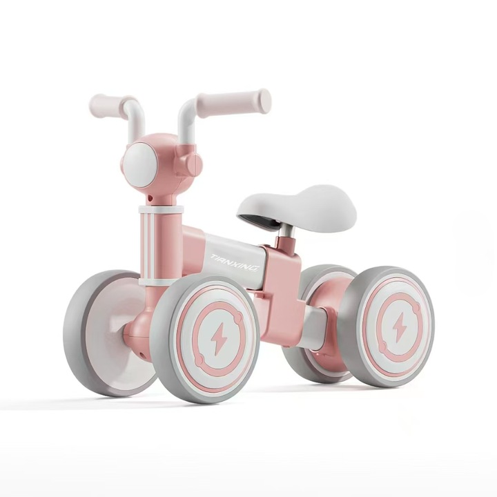 Bicicleta de echilibru, GHEMOTOC®, fara pedale, cu 4 roti, cadru metalic, cu muzica si lumini, roz