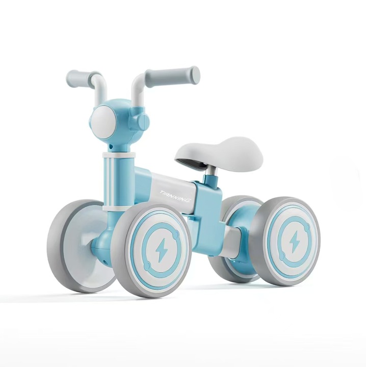 Bicicleta de echilibru, GHEMOTOC®, fara pedale, cu 4 roti, cadru metalic, cu muzica si lumini, albastru